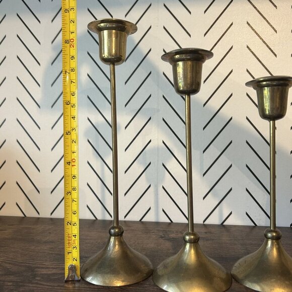 Vintage Set of 3 Brass Candlestick Holders Art Deco Revival Glam Home Decor MCM - Picture 2 of 10